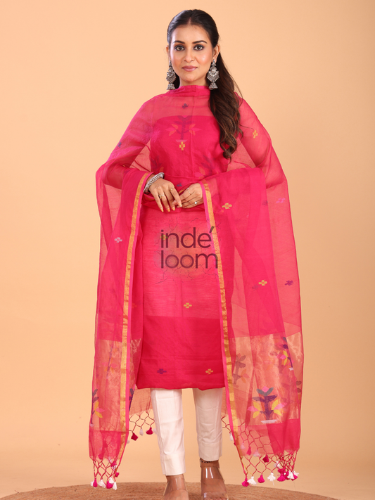 Deep Pink Muslin Jamdani 2-Piece Set Kurti & Dupatta (UNSTITCHED) - 089