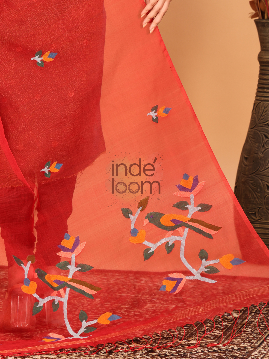 Pure Handloom Muslin Jamdani Dupatta With Ruby Red - 021