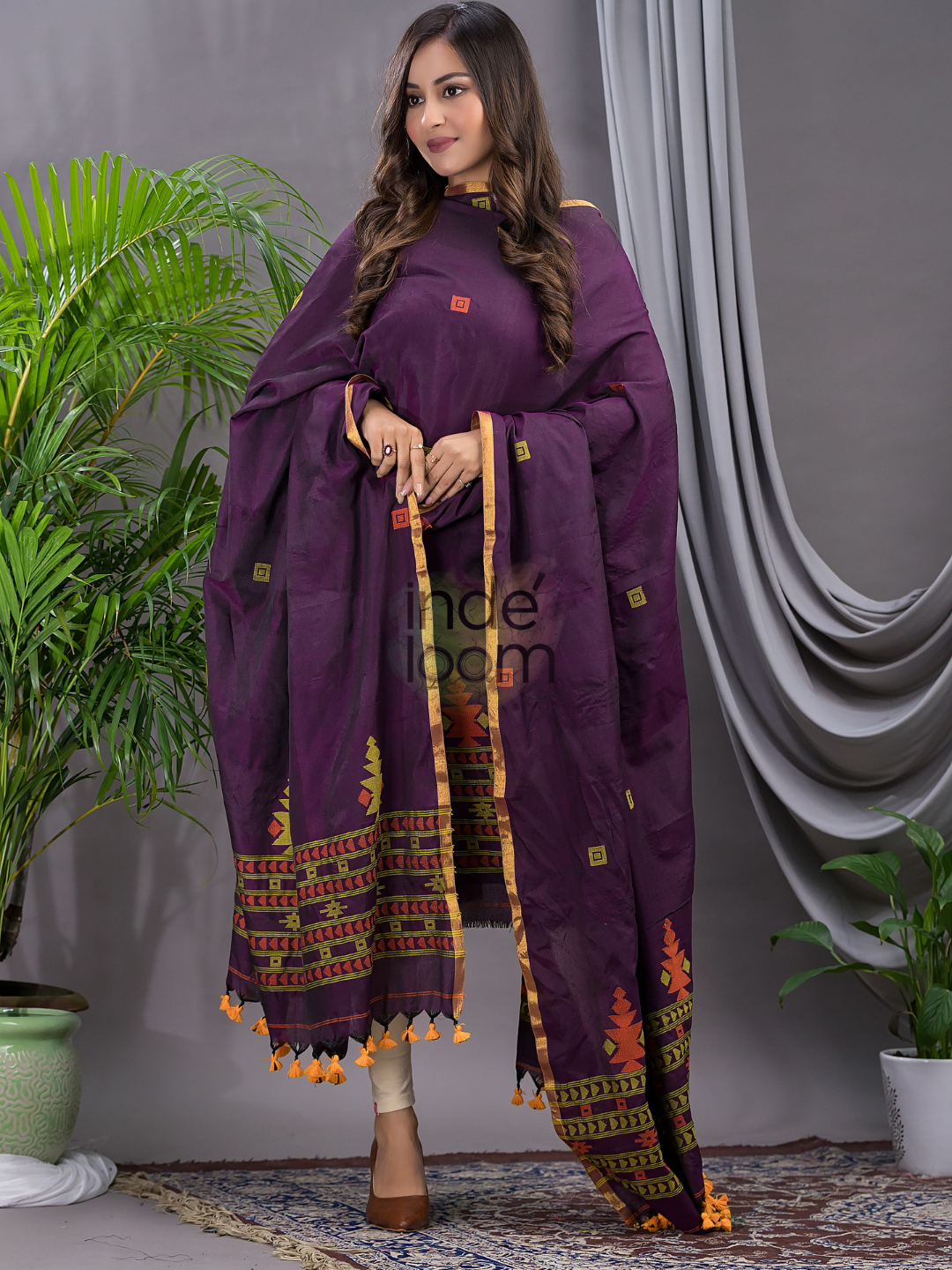 Wine Purple Cotton Jamdani 2-Piece Set Kurti & Dupatta (UNSTITCHED) - 114