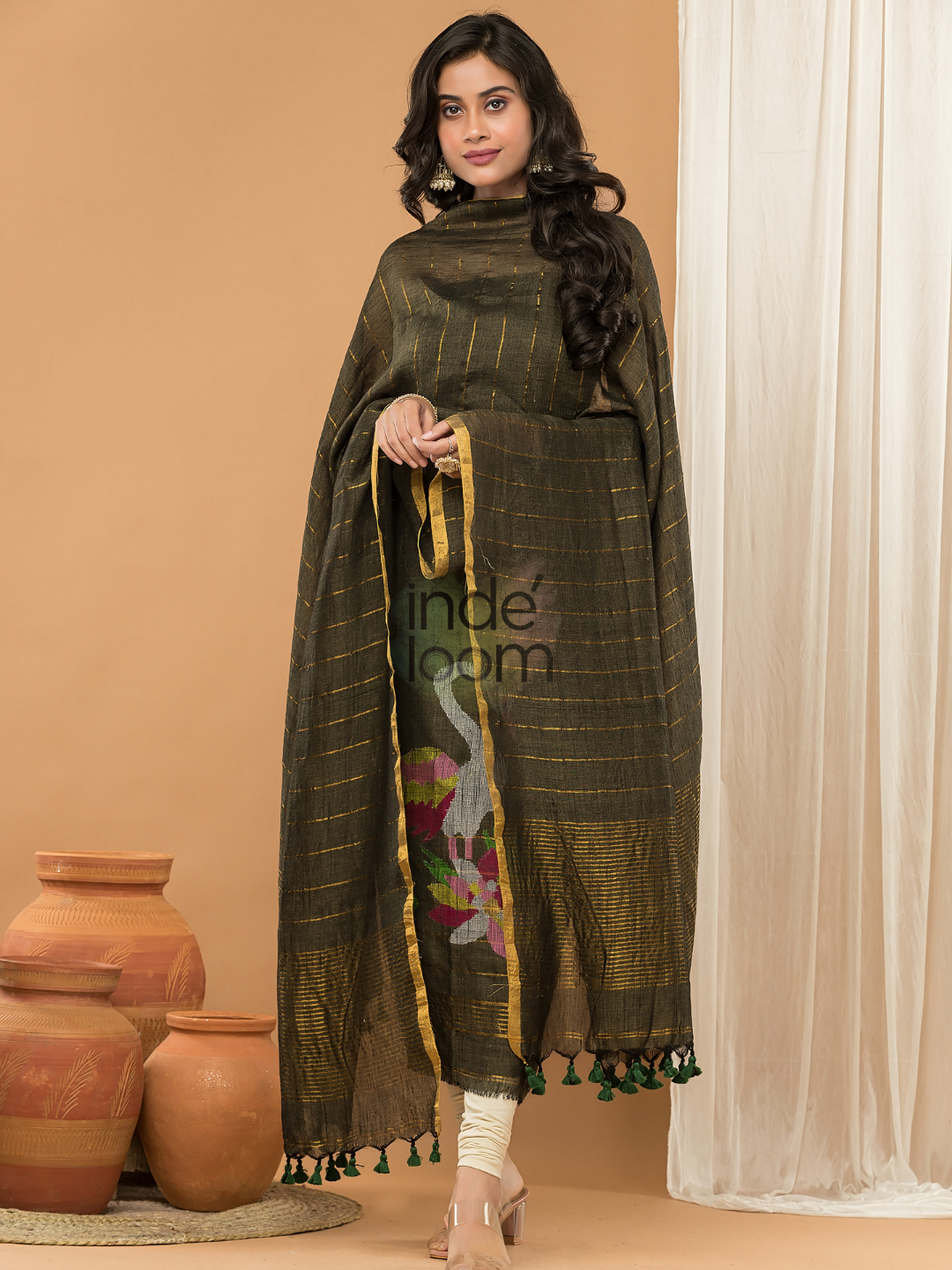 Linen Jamdani Unstitched 2-Piece Kurti  |  Parrot Green