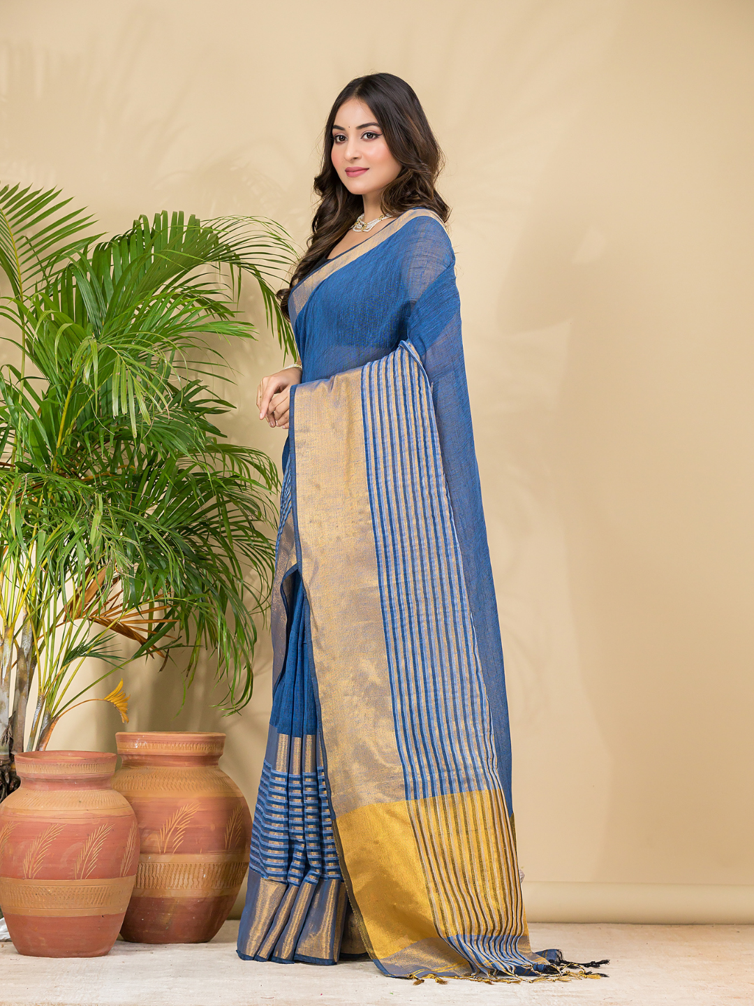 Cotton Linen Handloom Saree With Royal Blue - 015