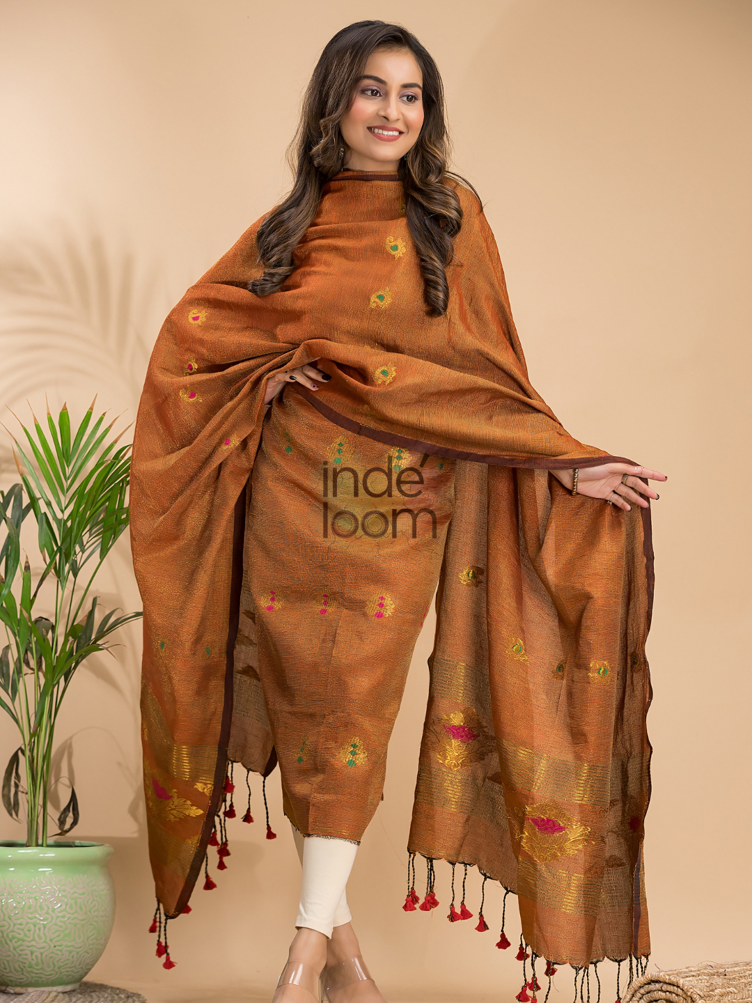 Bronze Brown Tissue Linen 2-Piece Set Kurti & Dupatta (UNSTITCHED) - 015