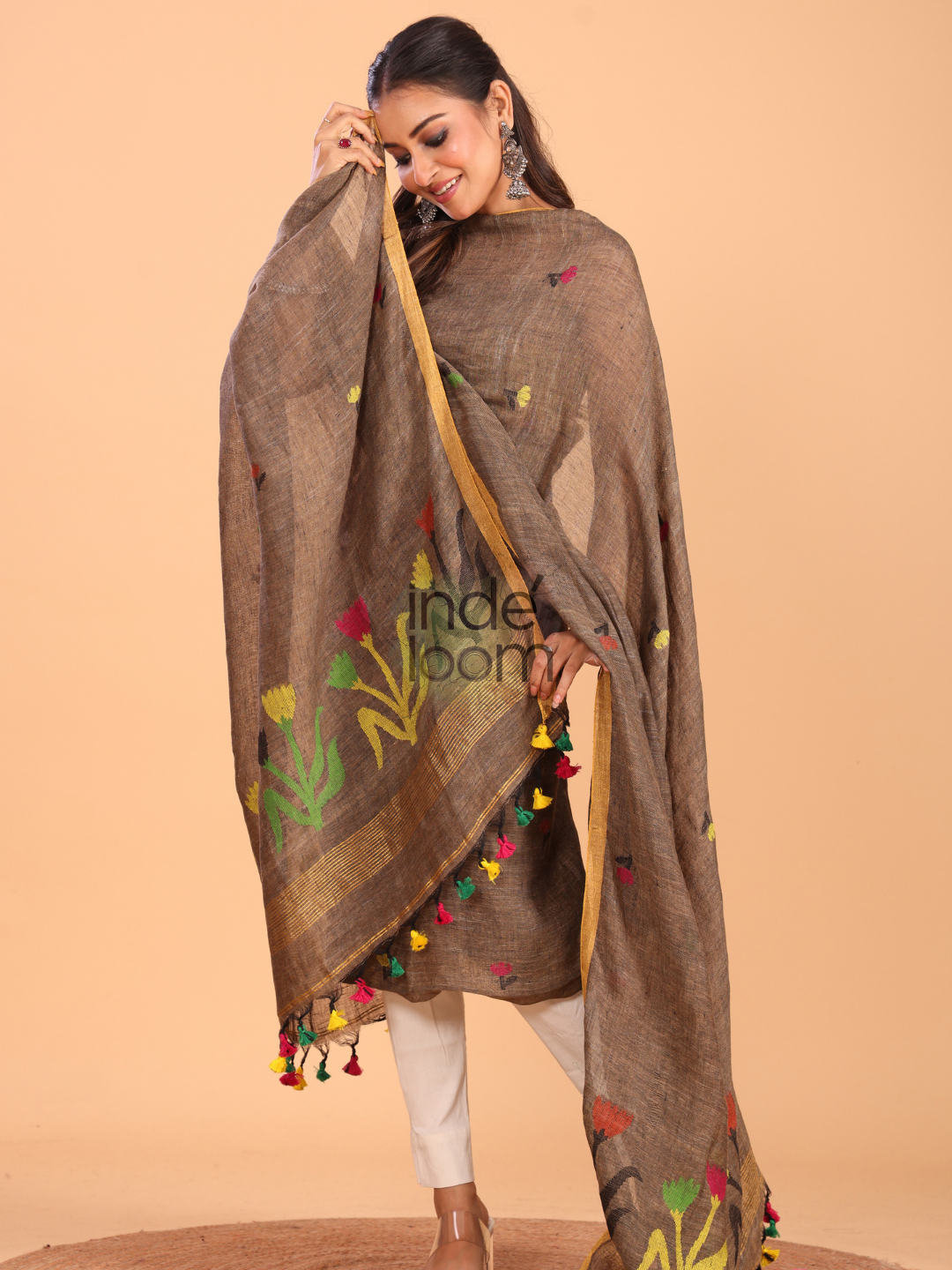 Coffee Brown Linen Jamdani 2-Piece Set Kurti & Dupatta (UNSTITCHED) - 052