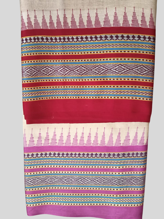 Deep Red & Pink Handloom Vidarbha Tussar Silk Saree with Multicolor Contrast Border -011