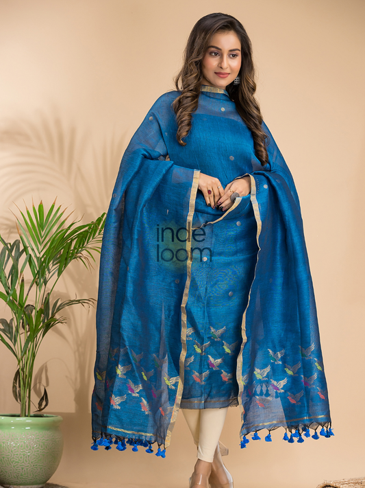 Handwoven Jamdani Cotton Linen Unstitched 2-piece Kurti  |  Steel Blue