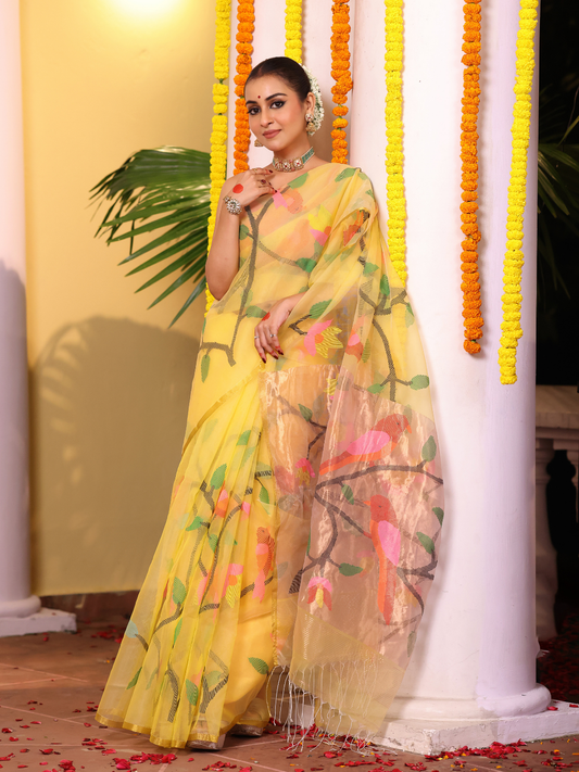 Handwoven Pure Jamdani Cotton Saree  |  Honey Yellow