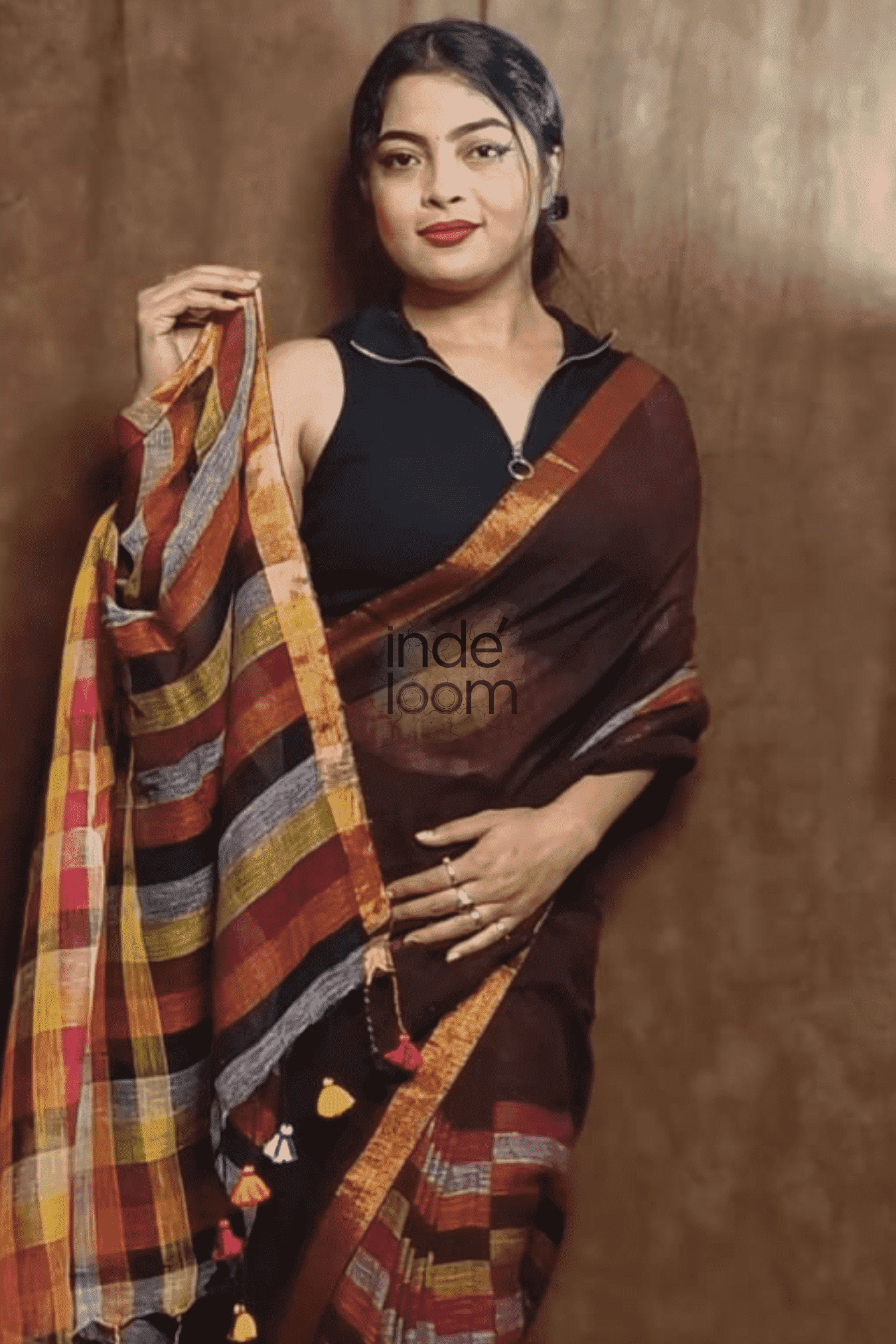 Handloom Linen Checks Saree with Black and Multicolor Stripes-002 - indeloom