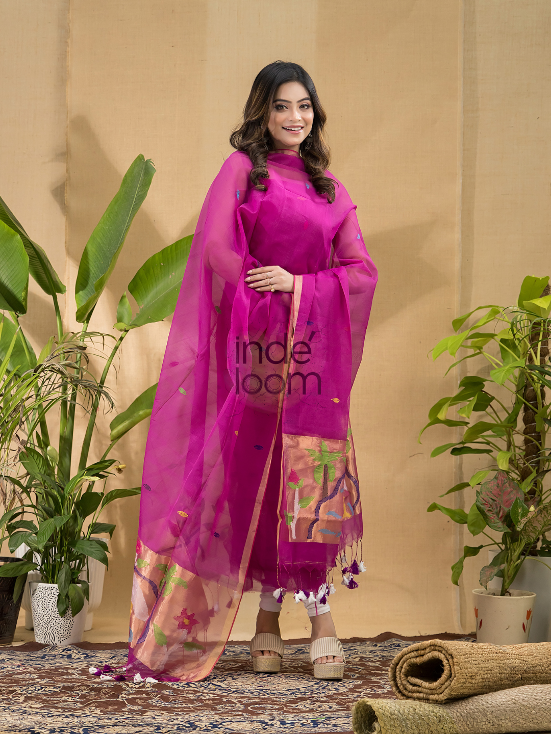Hot Pink Jamdani 2-Piece Set Kurti & Dupatta (UNSTITCHED) -694