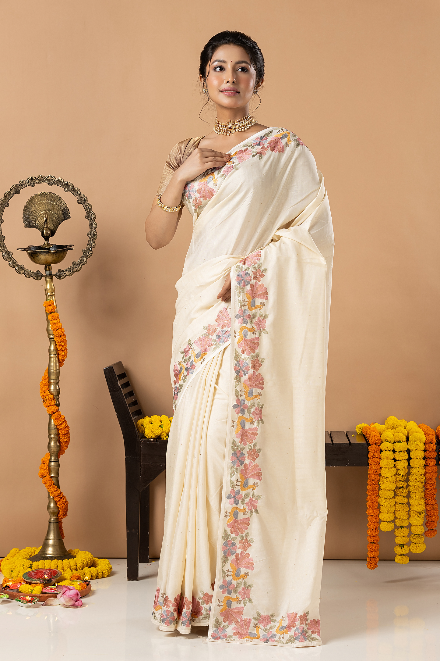 Fancy Semi Silk Saree | White | Plain Body with Floral border