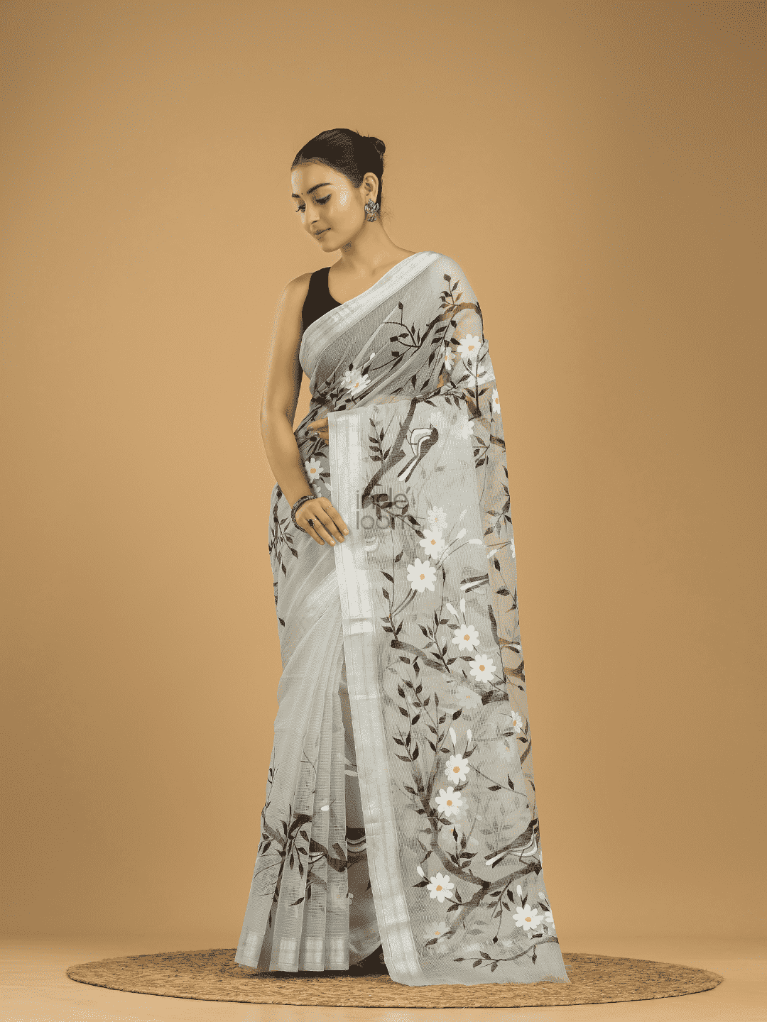 Kota Doria Handpainted Saree With Space Black - 002 - indeloom
