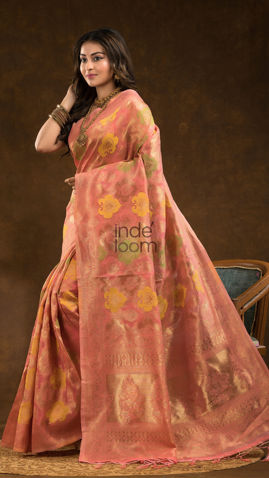 Floral woven design Silk blend Jacquard Saree | Peach Pink