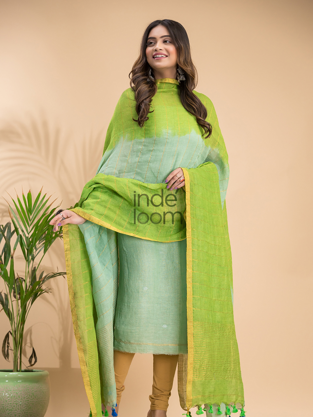 Pastel Green Handloom Linen X Linen 2-Piece Set Kurti & Dupatta (UNSTITCHED) - 861