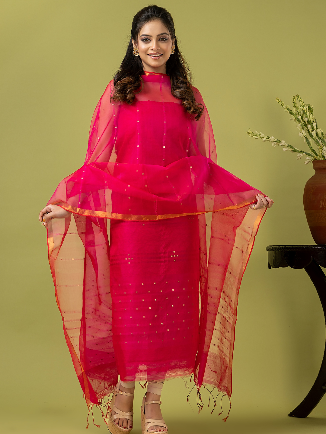 Handwoven Jamdani Muslin Unstitched 2-piece Kurti | Hot Pink