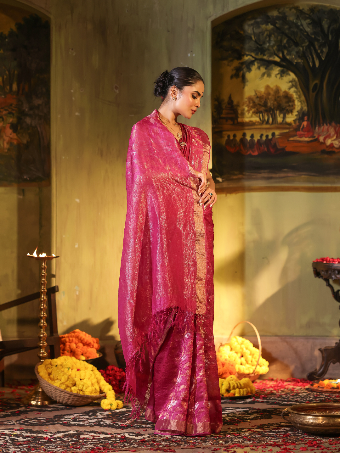 Matka Silk Jamdani  Saree With Deep Pink - 003
