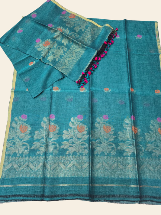 Pure Handloom Linen Unstitched 2-piece  Kurti | Teal Blue