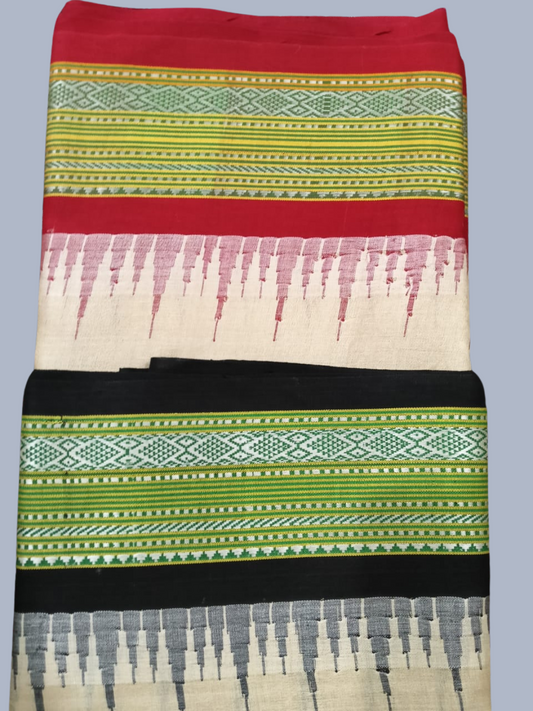 Red Black Handloom Vidarbha Tussar Silk Saree with Multicolor Contrast Border -122