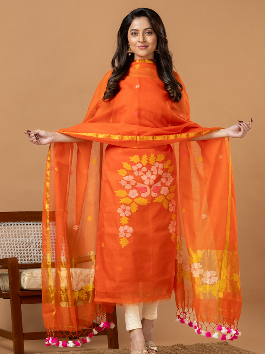 Handwoven Jamdani Muslin Unstitched 2-Piece Kurti | Bright Orange