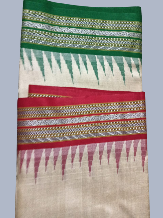 Green and Red Handloom Vidarbha Tussar Silk Saree with Multicolor Contrast Border -008