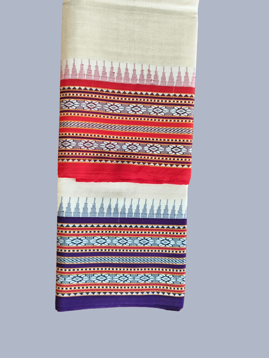 Red & Dark Handloom Blue Vidarbha Tussar Silk Saree with Multicolor Contrast Border -008