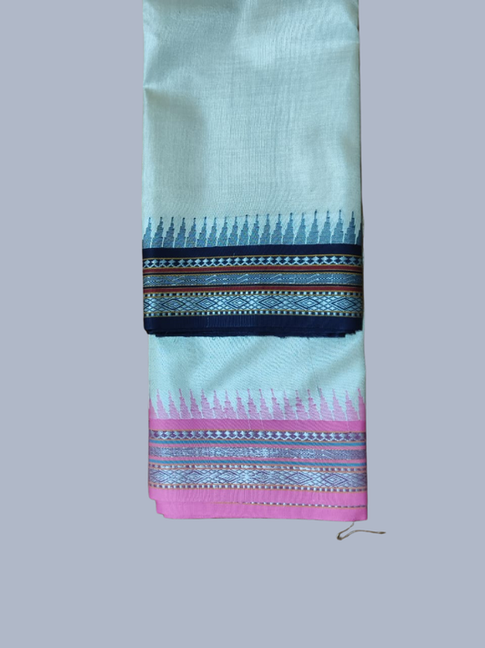 Dark Blue & Light Pink Handloom Vidarbha Tussar Silk Saree with Multicolor Contrast Border -010
