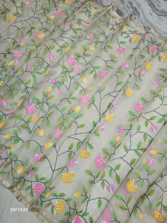 Pure Tantuj Muslin Jamdani Needle Work Handwoven Saree In Cream White - 158