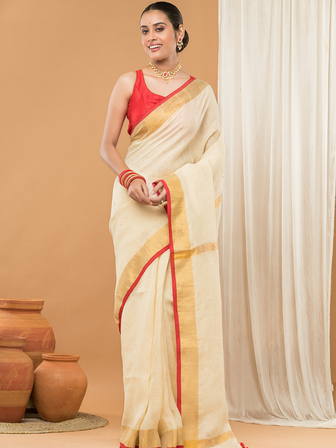 Linen Sequin Jamdani Saree With Cream White - 002