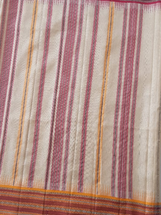 Light Pink And Orange Handloom Vidarbha Tussar Silk Saree with Multicolor Contrast Border -124