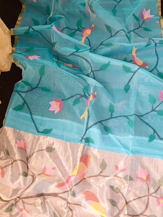 Handwoven Pure Jamdani Muslin Saree  |  Cyan Teal