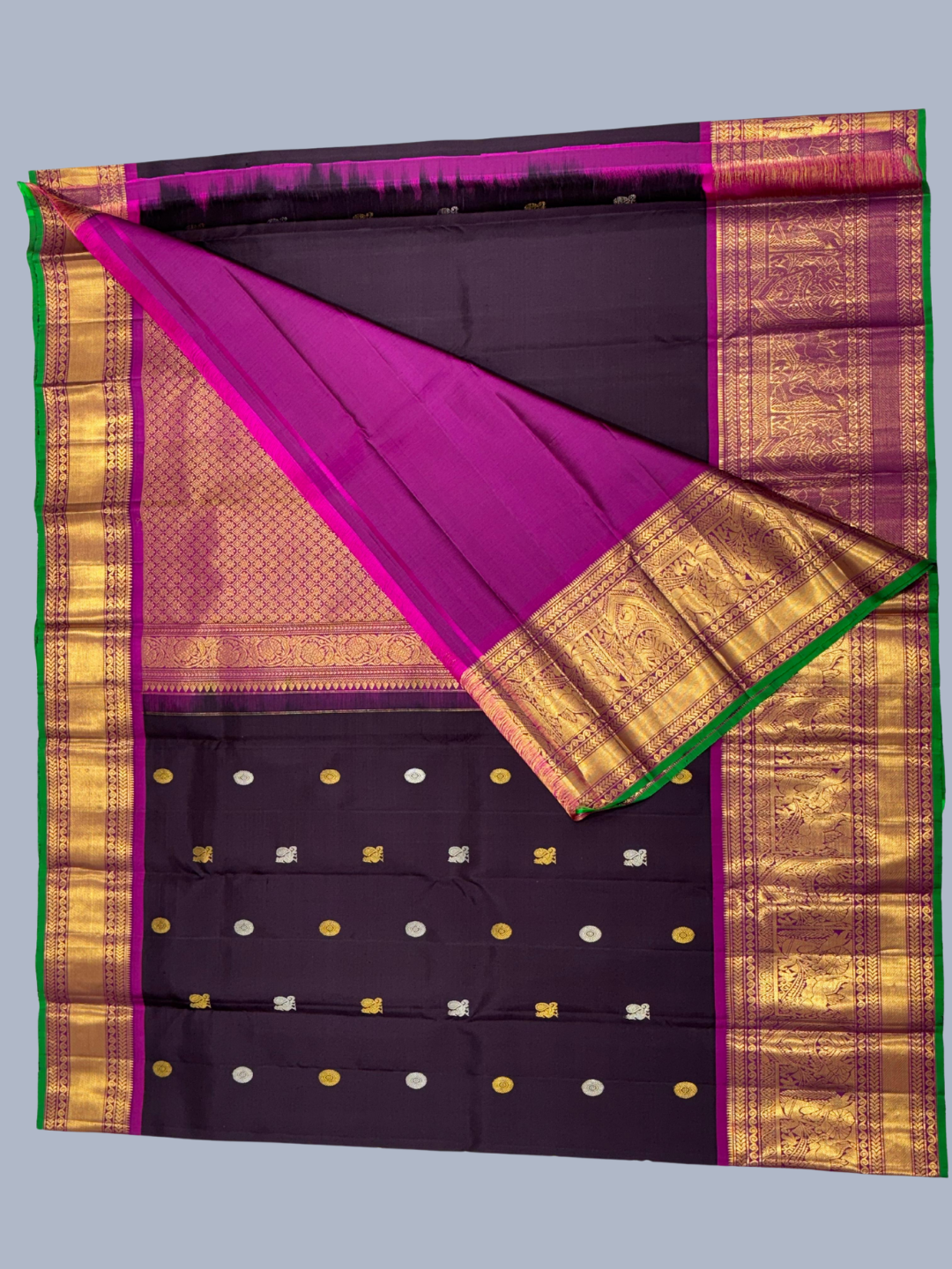 Pure Handwoven Gadwal Silk Saree In Off Black -210
