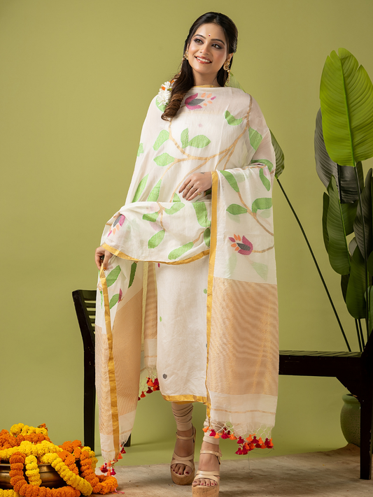 Handwoven Jamdani Linen Unstitched 2-piece Kurti  |  Cream White  and White  | All-over Buttas with Floral border