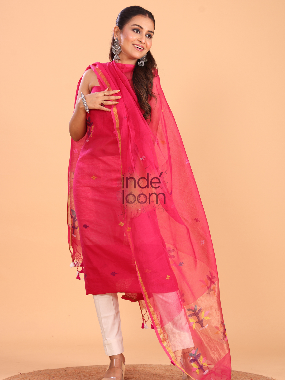 Deep Pink Muslin Jamdani 2-Piece Set Kurti & Dupatta (UNSTITCHED) - 089