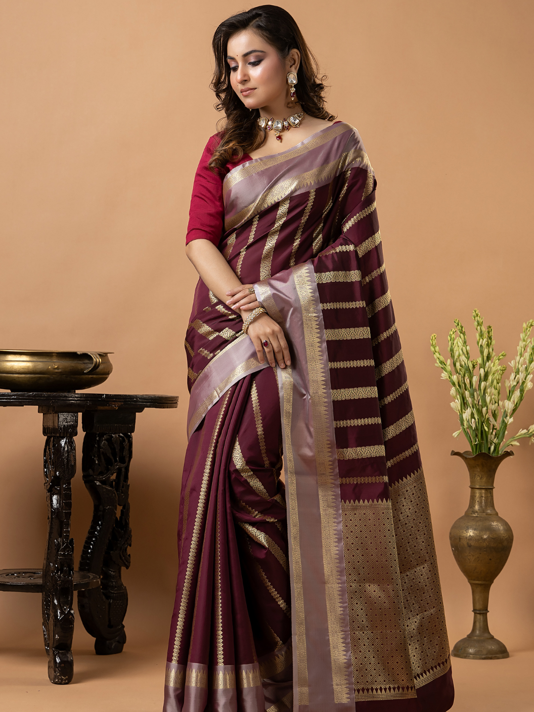 Classic Benarasi Katan Semi Silk Saree | Deep Brown Purple