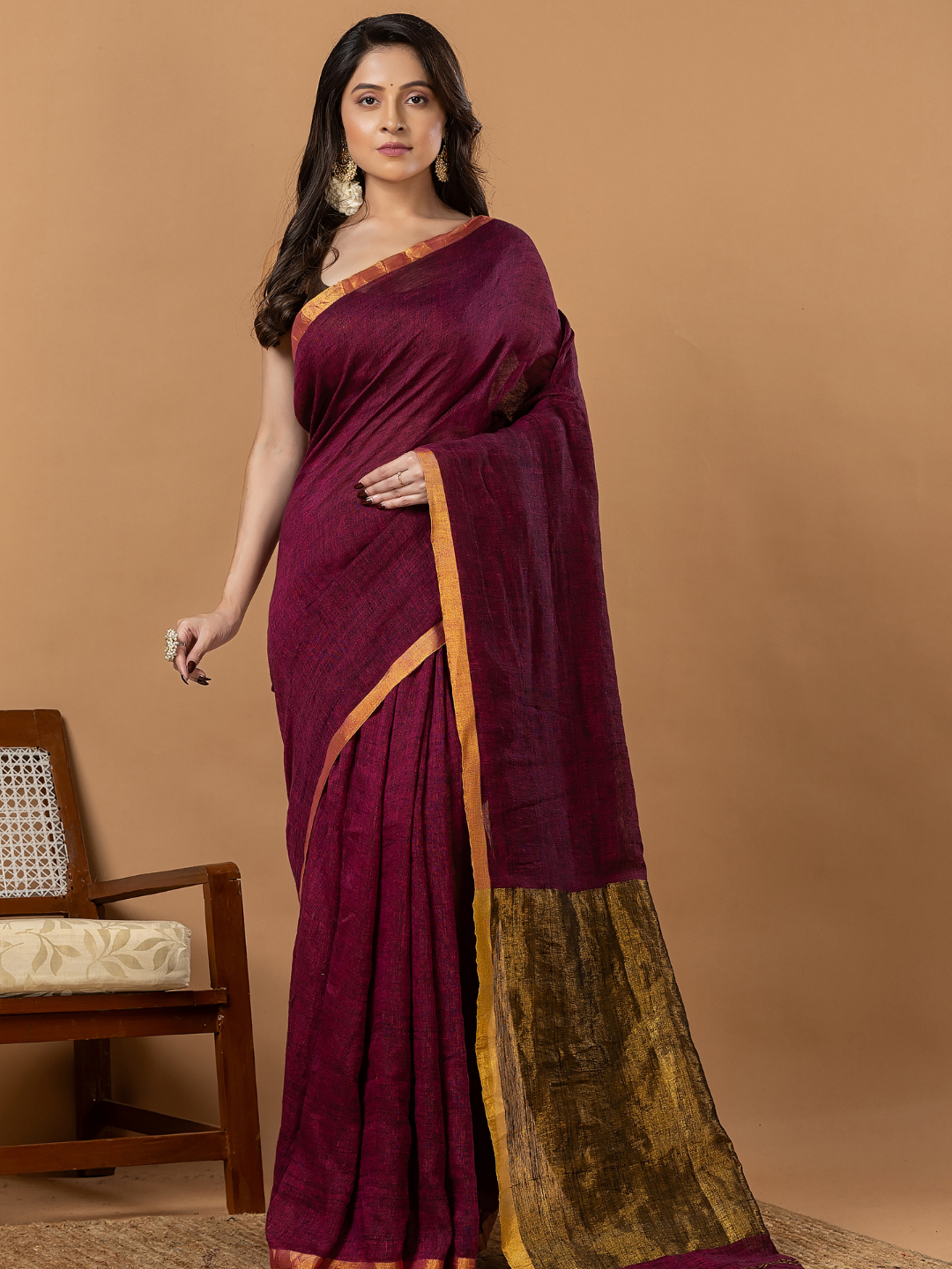 Pure Handloom Silk Tissue Linen Saree | Deep Wine