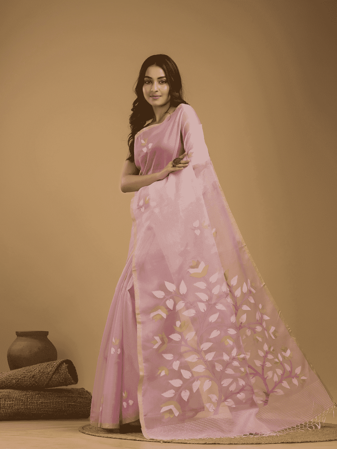 Jamdani Saree With Light Pink - 051 - indeloom