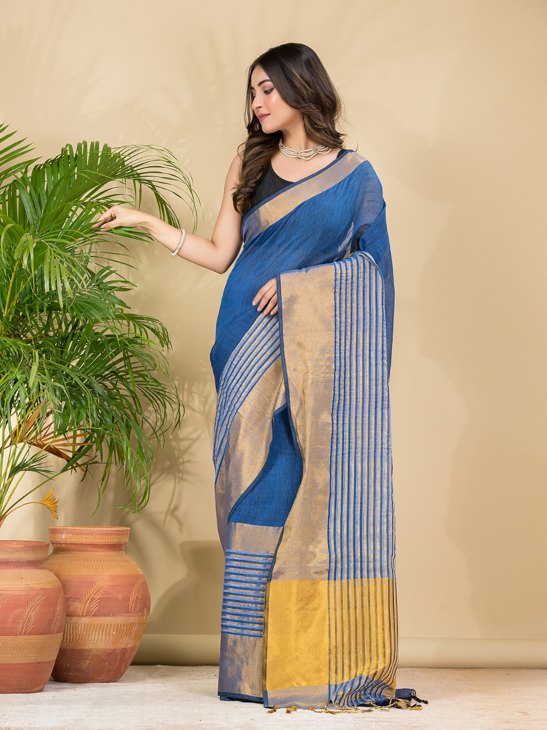 Cotton Linen Handloom Saree With Royal Blue - 015