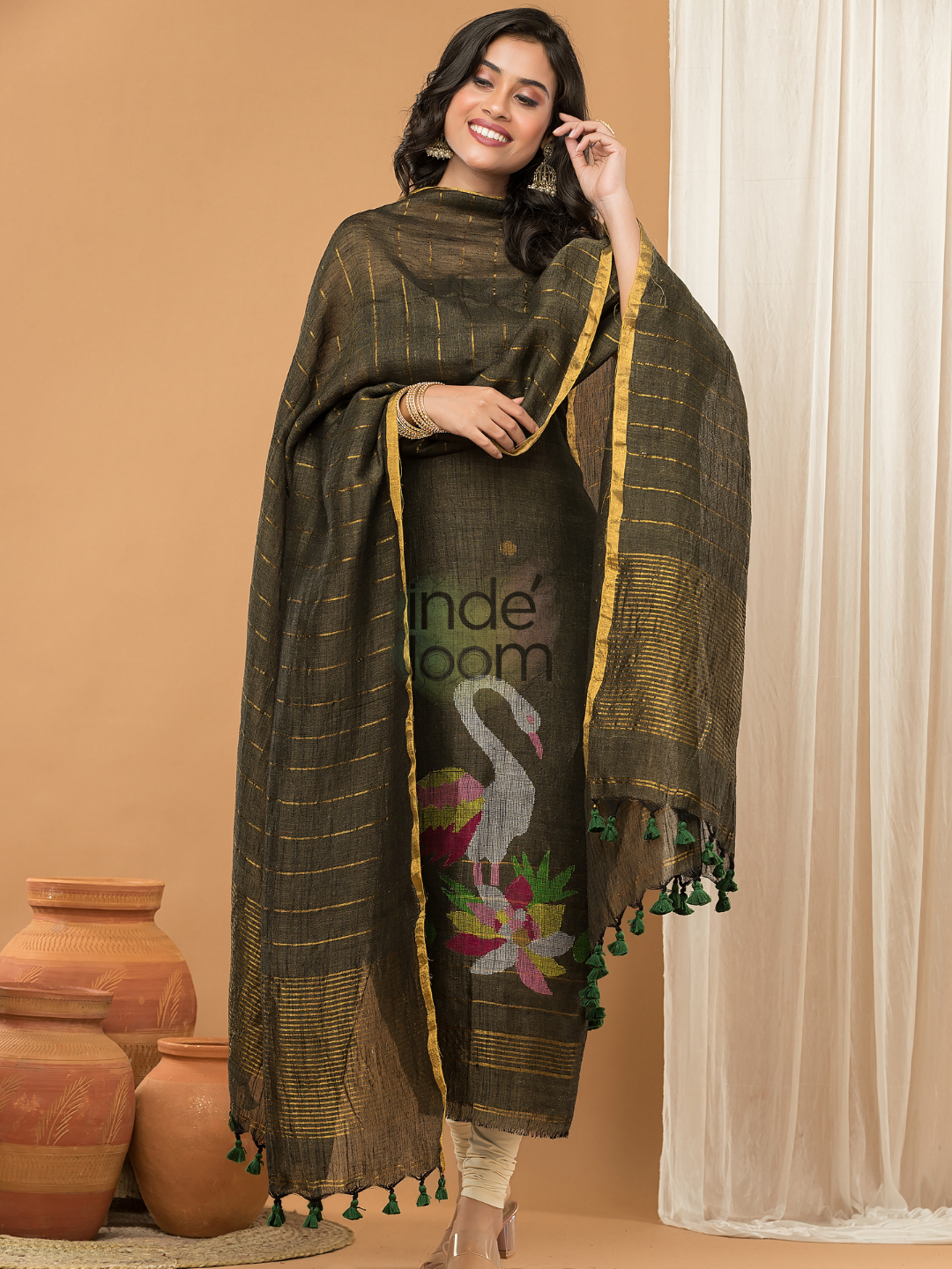 Linen Jamdani Unstitched 2-Piece Kurti  |  Parrot Green