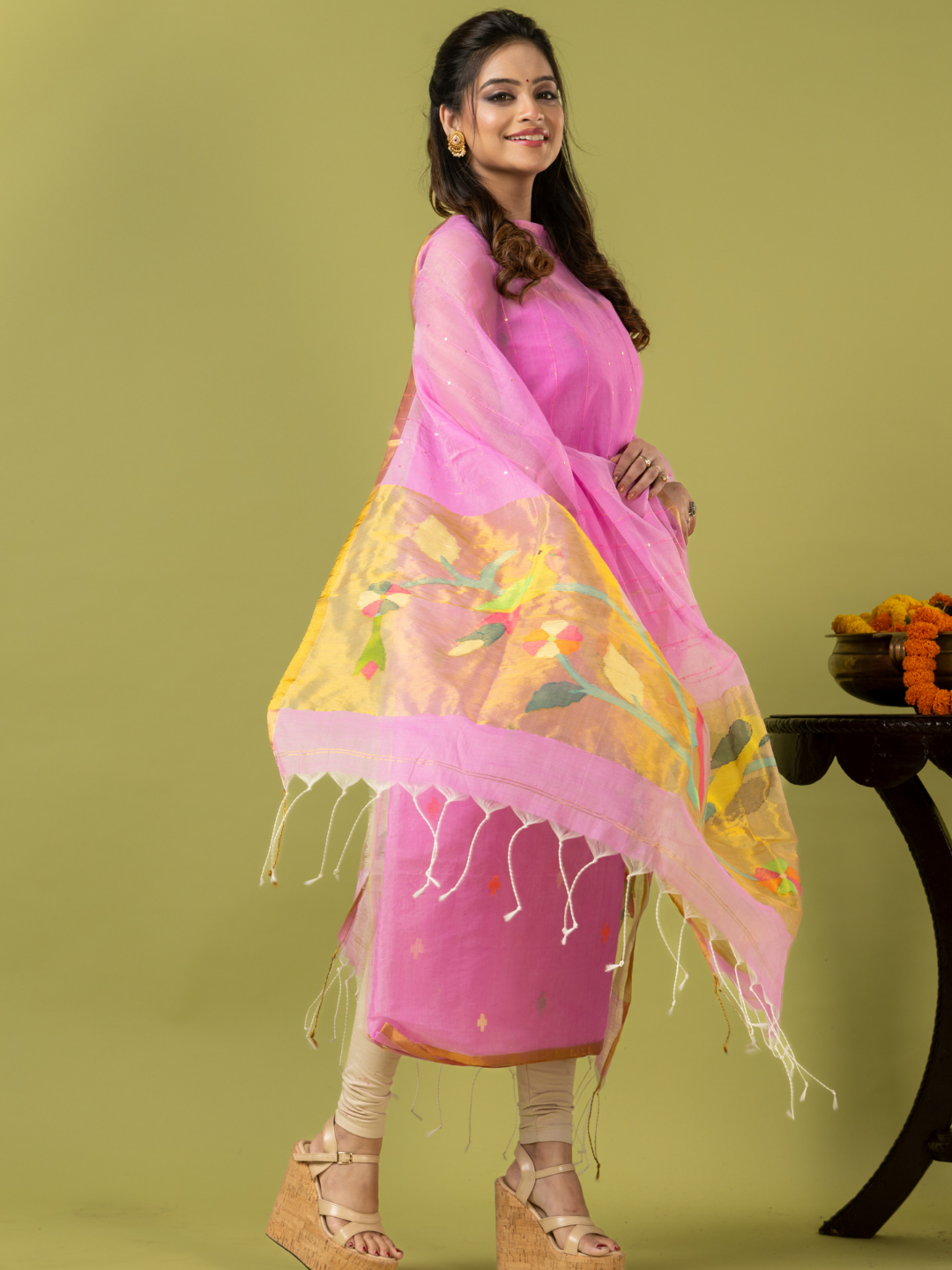 Handwoven Jamdani Muslin Unstitched 2-piece Kurti | Blush Pink