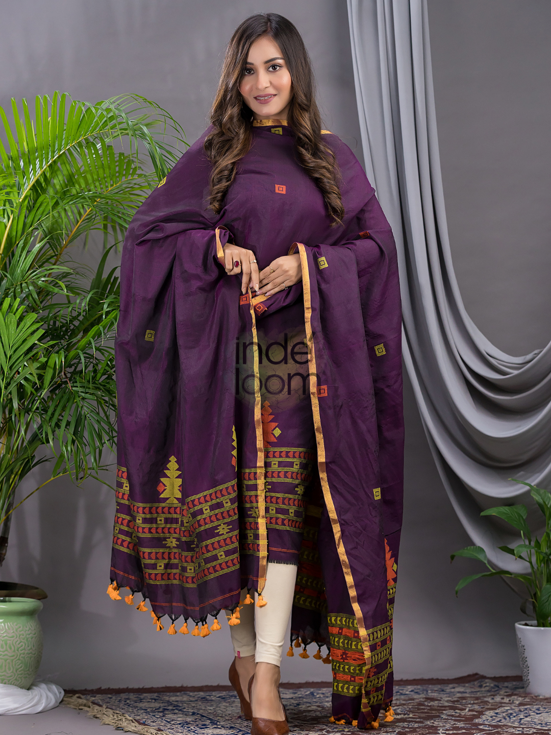 Wine Purple Cotton Jamdani 2-Piece Set Kurti & Dupatta (UNSTITCHED) - 114