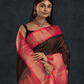Pure Handloom Korvai Silk Cotton Lakshadeepam Saree in Rich Chocolate Brown and Multishade Pink Border - 146