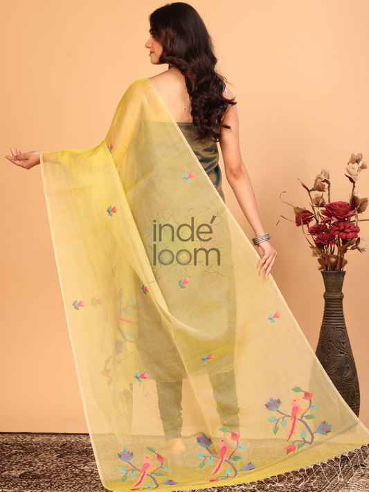 Pure Handloom Muslin Jamdani Dupatta With Lemon Yellow - 022