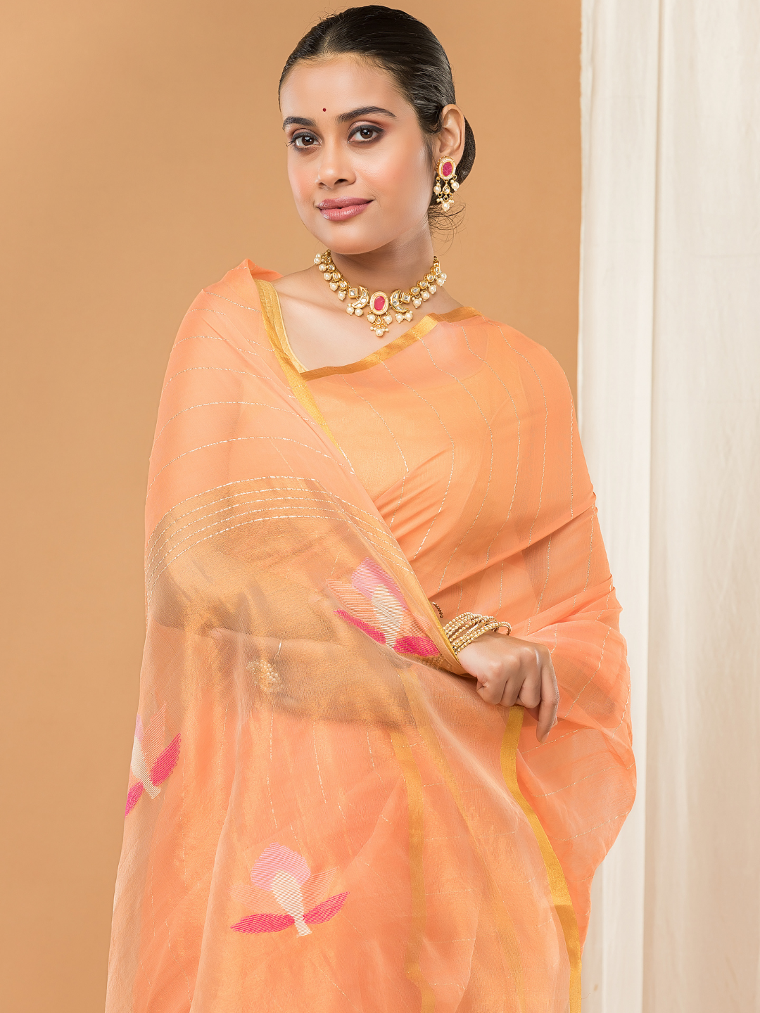 Tissue Muslin Jamdani Saree With Peach Orange And Golden Charm -011