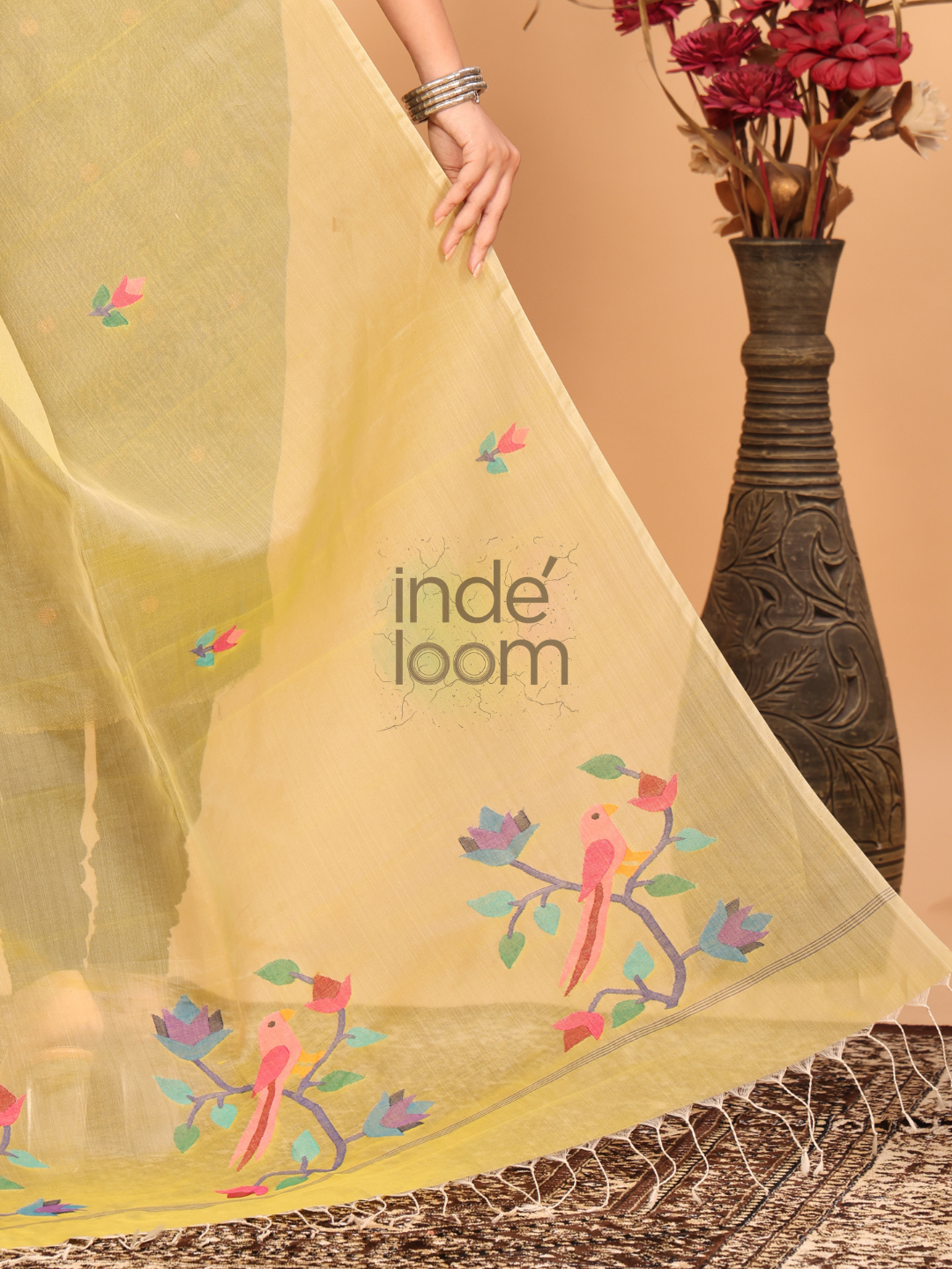 Pure Handloom Muslin Jamdani Dupatta With Lemon Yellow - 022