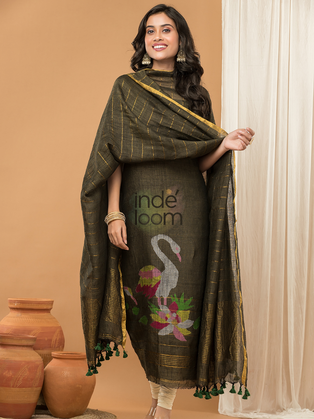 Linen Jamdani Unstitched 2-Piece Kurti  |  Parrot Green