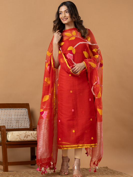 Handwoven Jamdani Muslin Unstitched 2-Piece Kurti | Coral Red