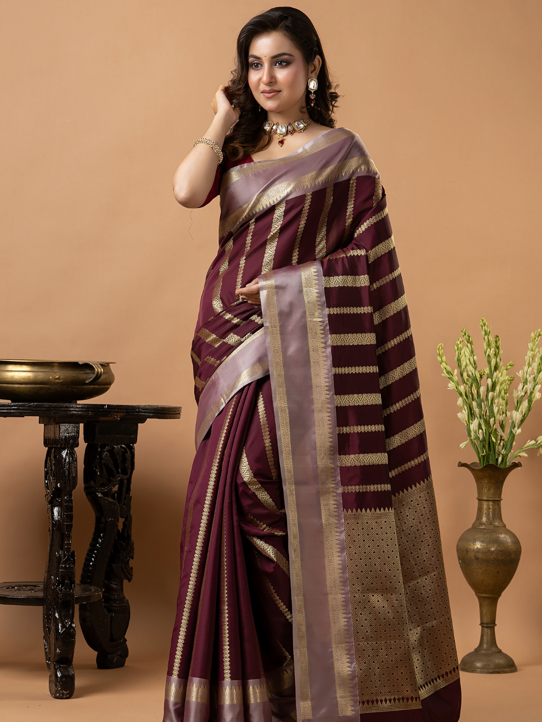 Classic Benarasi Katan Semi Silk Saree | Deep Brown Purple