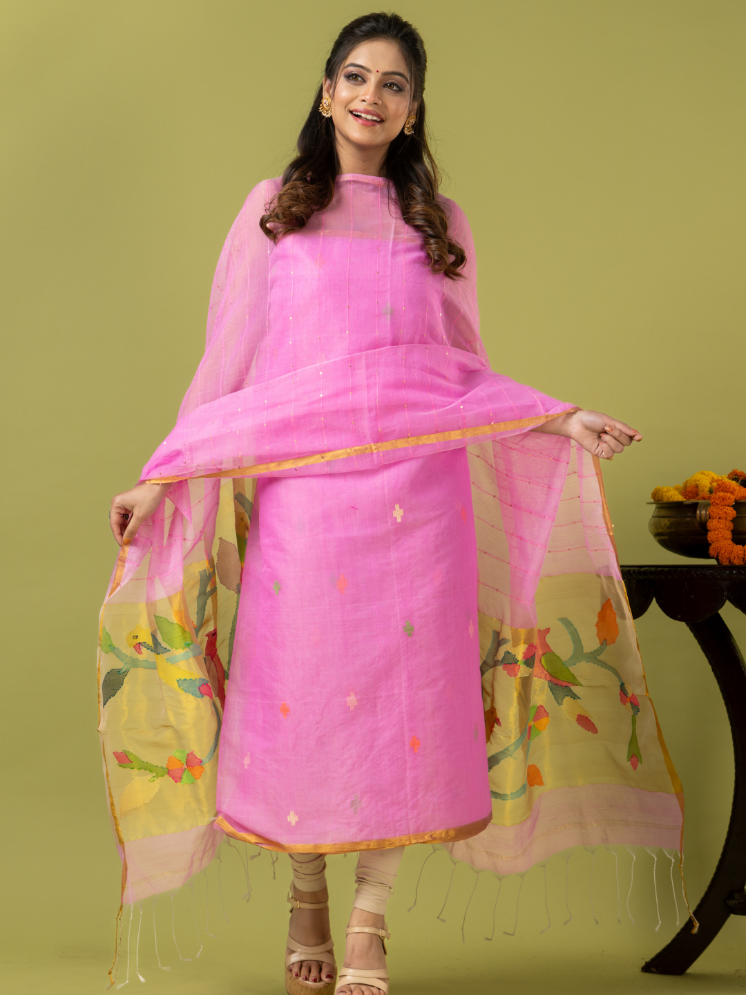 Handwoven Jamdani Muslin Unstitched 2-piece Kurti | Blush Pink