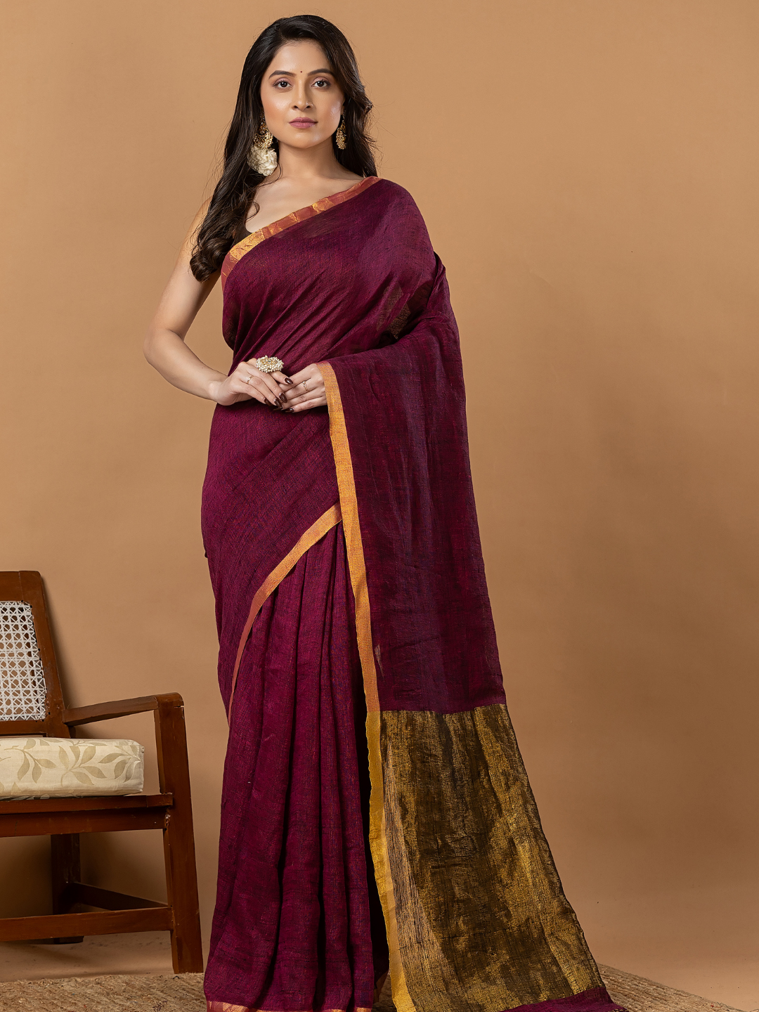 Pure Handloom Silk Tissue Linen Saree | Deep Wine