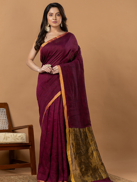 Pure Handloom Silk Tissue Linen Saree | Deep Wine