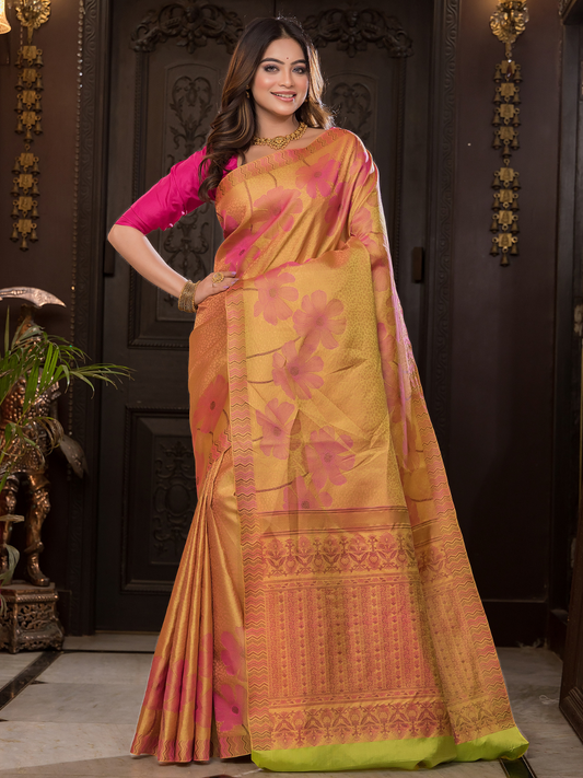 Kanaka Varnika - Golden yellow drape with rudraksha motifs