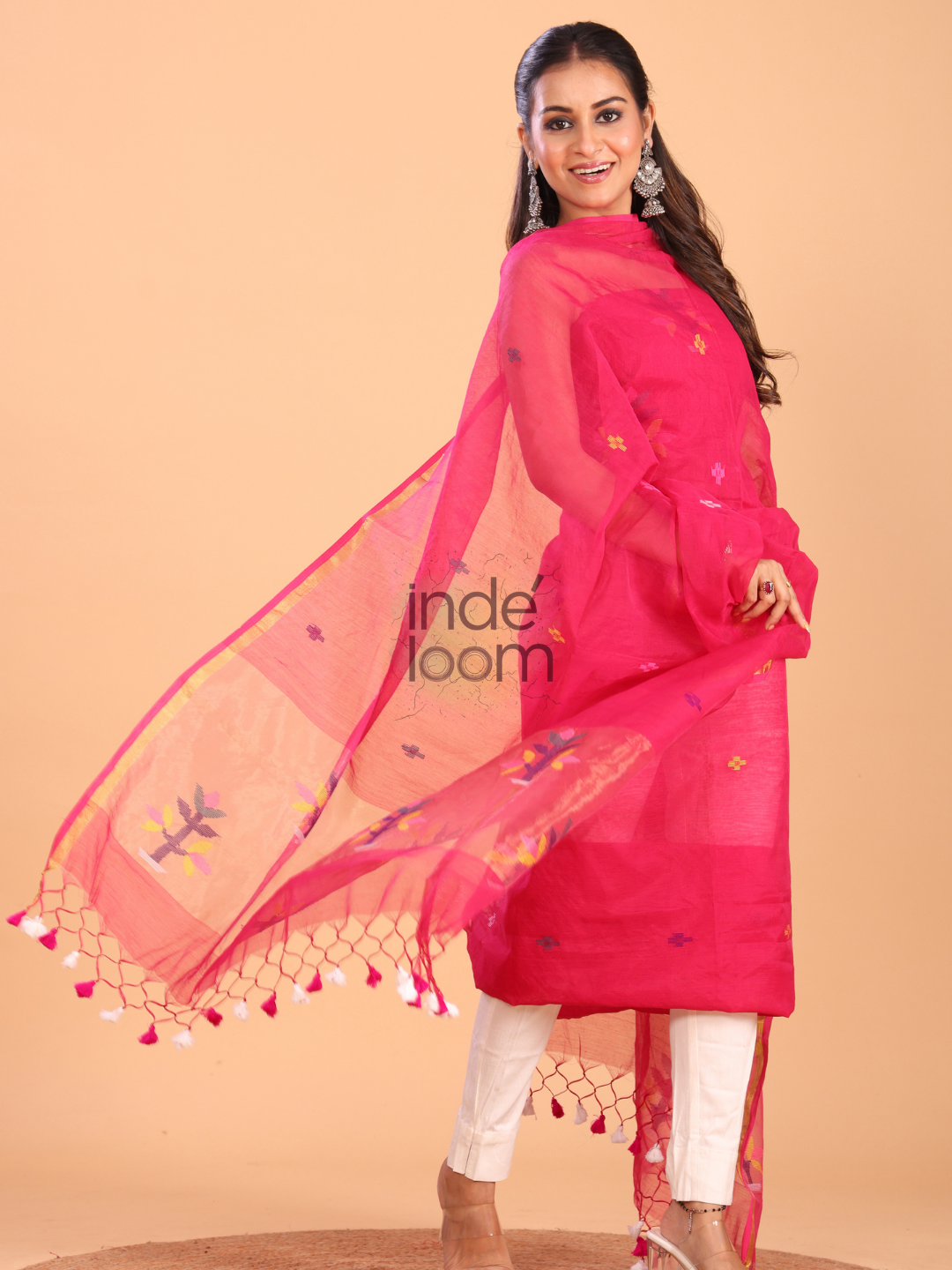 Deep Pink Muslin Jamdani 2-Piece Set Kurti & Dupatta (UNSTITCHED) - 089